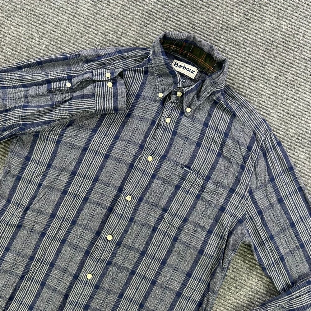 Barbour Tailored Fit‎ Blue White Plaid Long Sleeve Shirt Mens Medium Casual Work